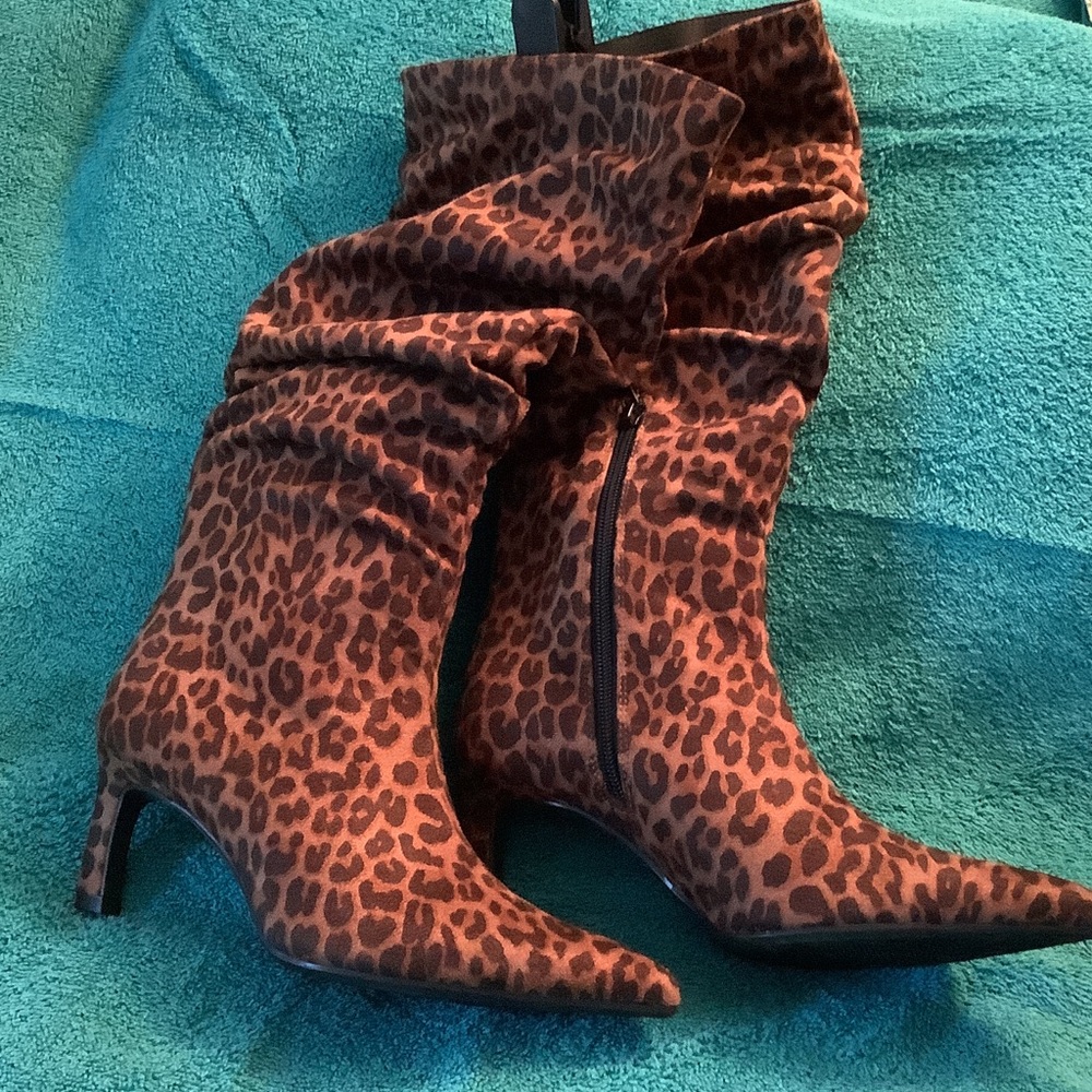 Time and Tru Leopard Print Slouchy Mid-Heel Boots - Brown/Black